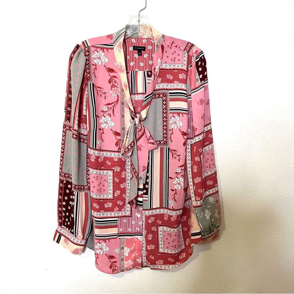 Talbots Red Pink Gray Tie Neck Patchwork Blouse T… - image 1